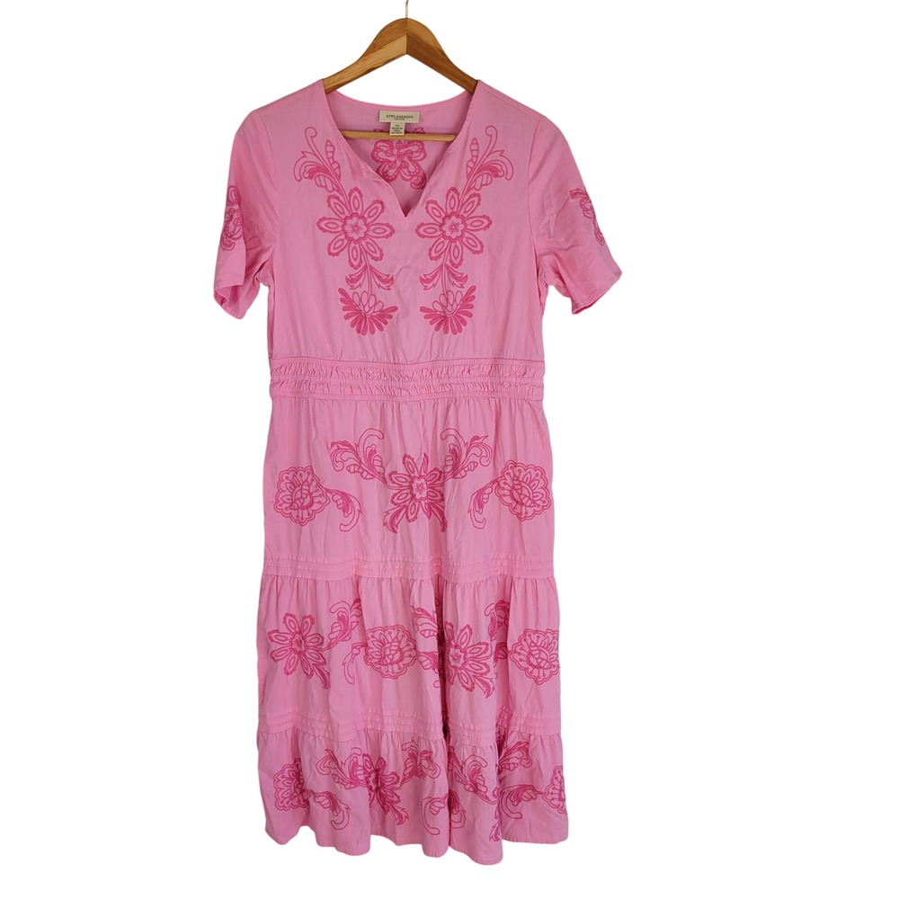 Appleseed's Embroidered Midi Dress Pastel Pink Size Small Petite Short Sleeves